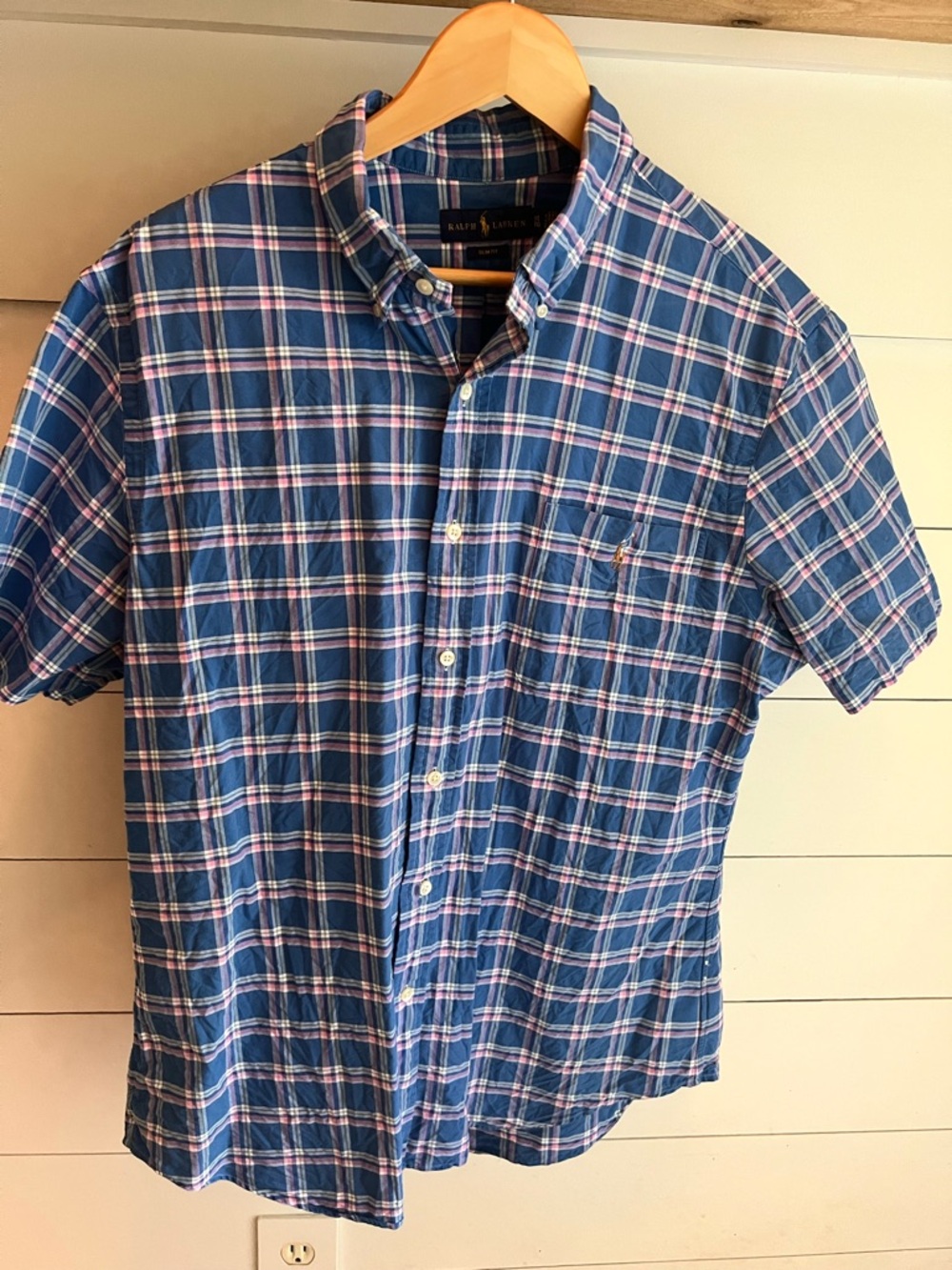 Ralph Lauren Men’s Blue Pink Plaid Oxford Short-Sleeve Button-Down Shirt XL
